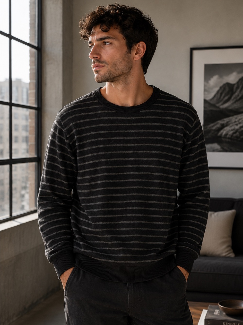 Calvin Klein Striped Cotton Sweater Black Gray XXL